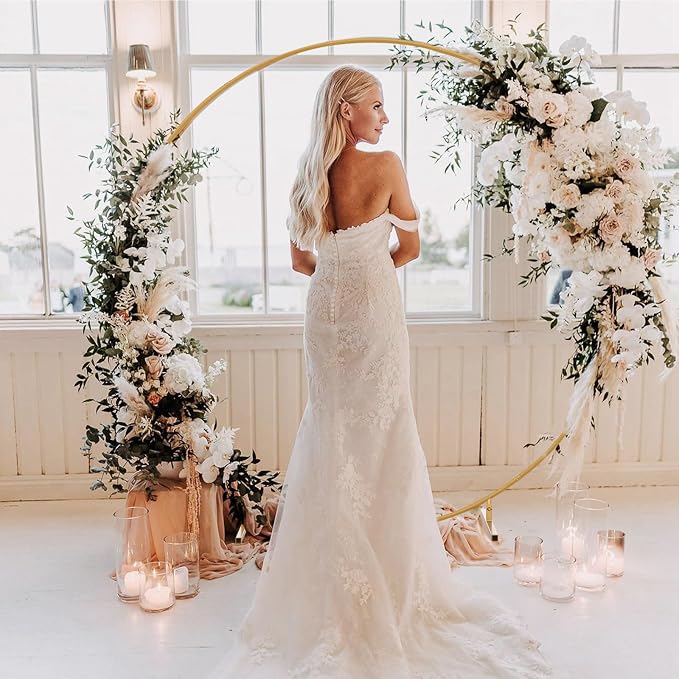 7.2 FT Round Arch Backdrop Stand, Gold Metal Circle Balloon Arch Stand Wedding Arch Frame for Ceremony Birthday Party Graduation Christmas Decoration