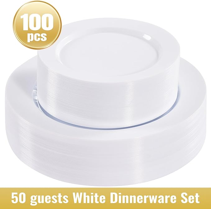 Fijinhom 100PCS White Disposable Plates for 50 Guests Including 50PCS 10" Dinner Plates & 50PCS 7" Dessert Plates, White