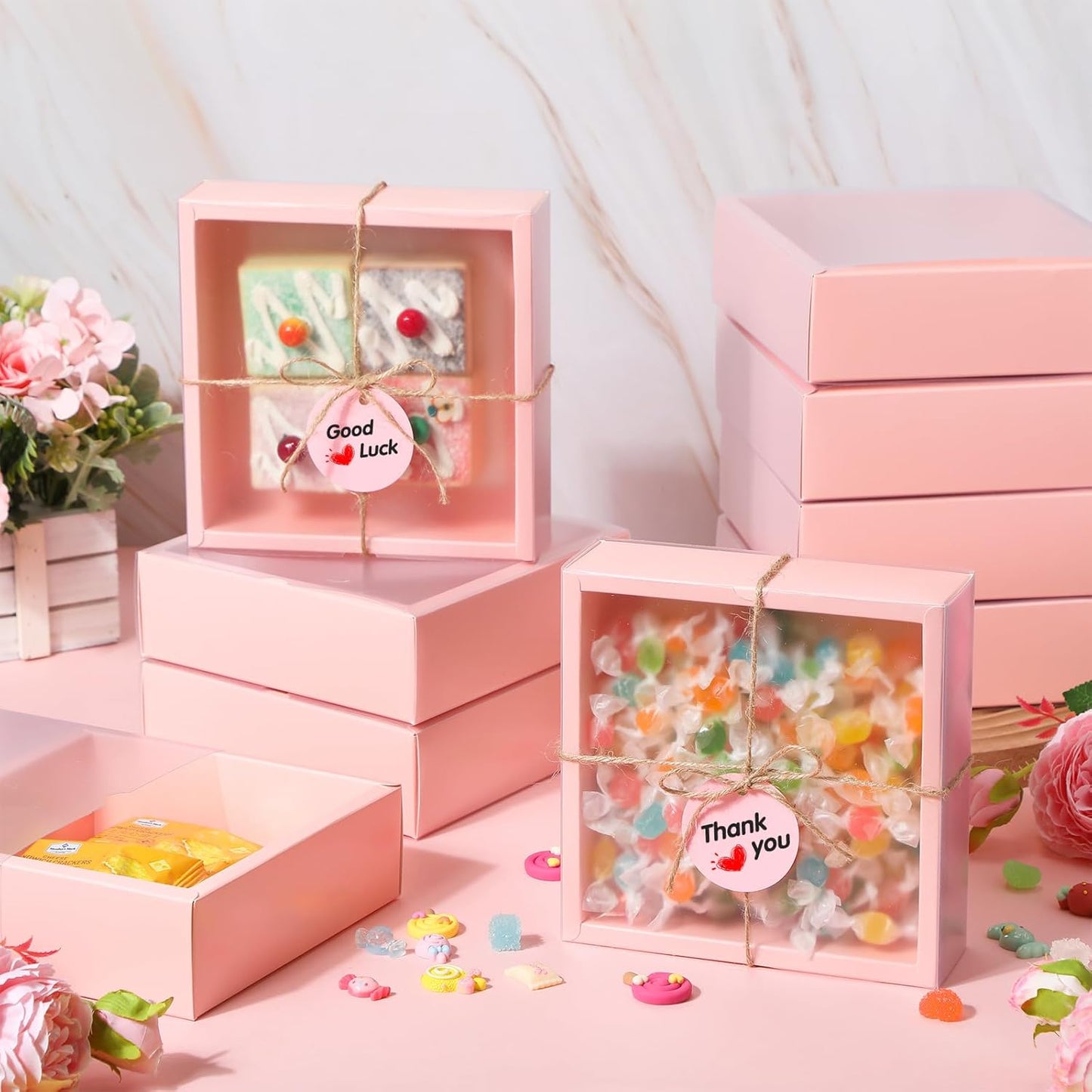 Roowest 50 Sets Kraft Soap Boxes Rectangle Packaging Box with Window Homemade Gift Box with Blank Tags and Jute String for Jewelry Candy Wrapping Party Favor(6.5 x 6.5 x 2 Inch,Pink)