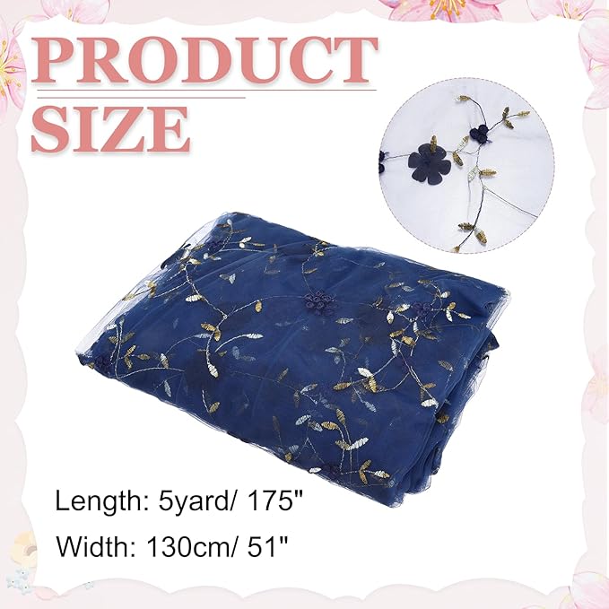 MECCANIXITY 5 Yard Tulle Fabric 175"x51"3D Flower Embroidery Mesh Lace Fabric for DIY Handmade Clothing Wedding Dress Skirt Home Curtain Decoration, Dark Blue