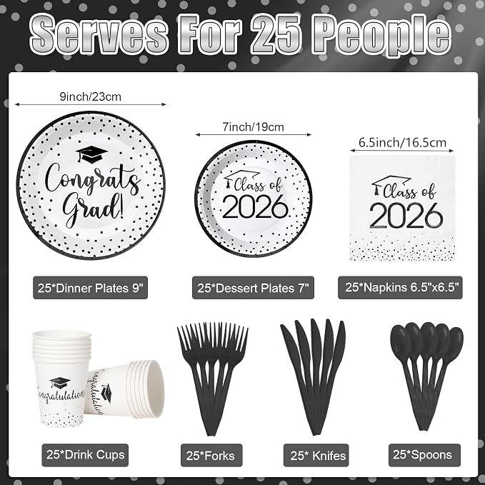 175pcs Class of 2026 Graduation Plates and Napkins Set, Disposable Paper Plate Set Polka Dots Napkin Cups Knife Fork Spoon for Graduation Party Decorations and Supplies,Serve 25 (White Black)
