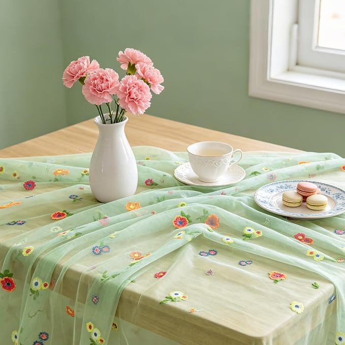 BINBE 3pcs Daisy Spring Table Runner Embroidery Gauze 10FT Florals Seasonal Tulle Holiday Birthday Kitchen Dining Table Decor for Home Party Sage Green