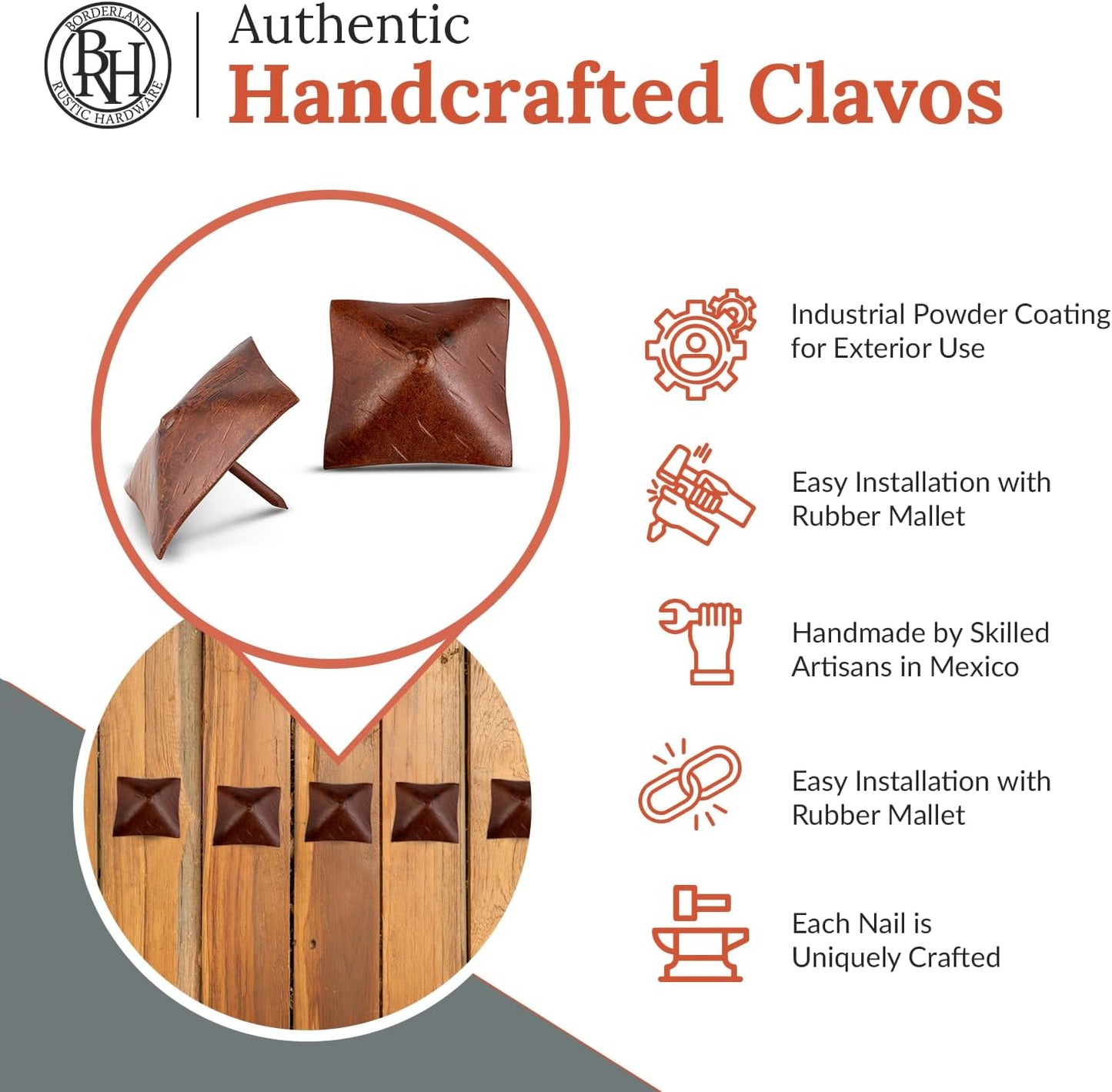 10 Pack 2" Square Head Iron Clavos Decorative Nails – Sealed Rusted – Handmade Rustic Square Fasteners for Farmhouse Shutters, Faux Wood, Barn Doors, Shutters, and Gates – Ornamental Wood Accent