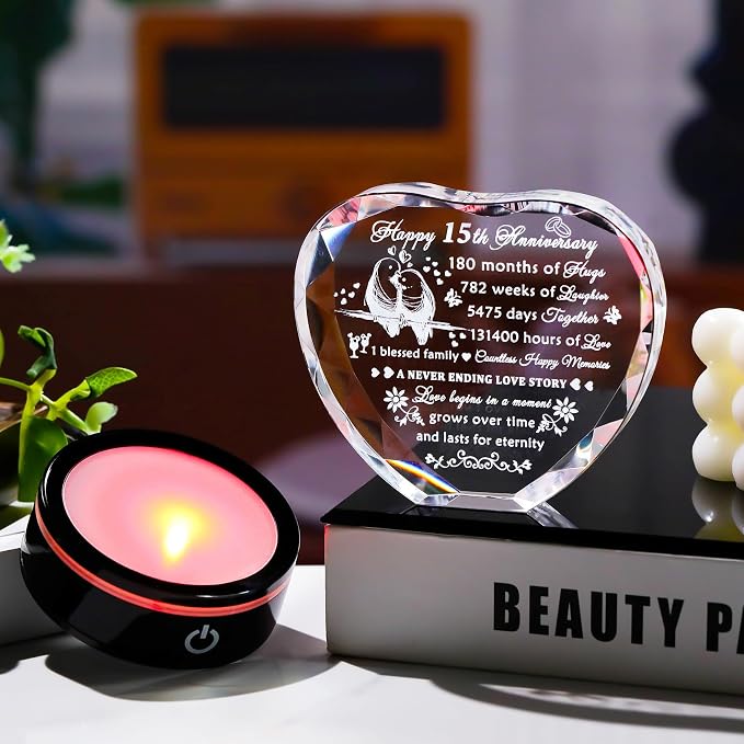 YWHL 15th Wedding Anniversary Crystal Heart Keepsake Gift for Couples with LED Base, Laser Engraved Happy 15th for Wife Husband, Romantic 15 Years of Marriage Gift for Her Him