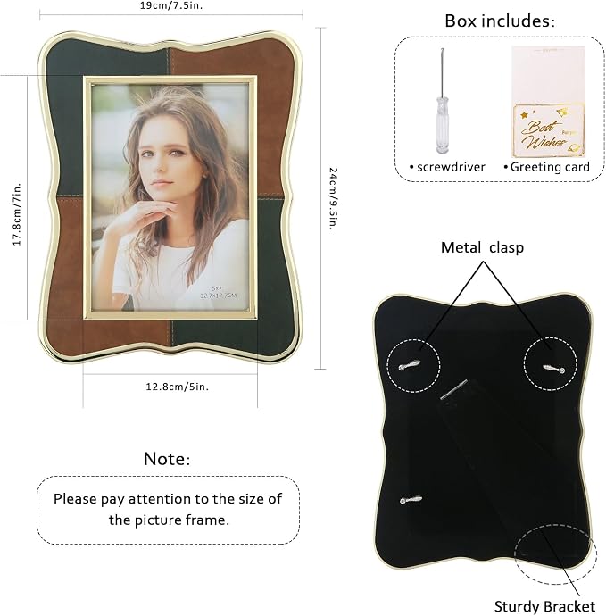 5x7 Metal Leather Picture Frame,Pretty Photo Frame with Gold Edge, Clear Glass Front, Unique Gifts for 3 Years of Marriage Couple Anniversary Graduation Horizontal&Vertical