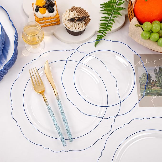 Liacere 150PCS Clear and Blue Plastic Plates-Clear and Blue Disposable Plates with Glitter Bamboo Handle Cutlery-60 Baroque Elegant Plates, 30 Forks, 30 Spoons, 30 Knives for Wedding&Party&Mothers Day