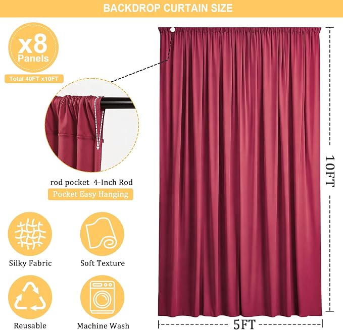 Gallety Red Backdrop Curtain for Wedding, Polyester Photo Backdrop Drapes - 40FT x 10FT Cloth Backdrop Curtain for Celebration,Stage, Social Events, Graduation,Engagement Party Decorations
