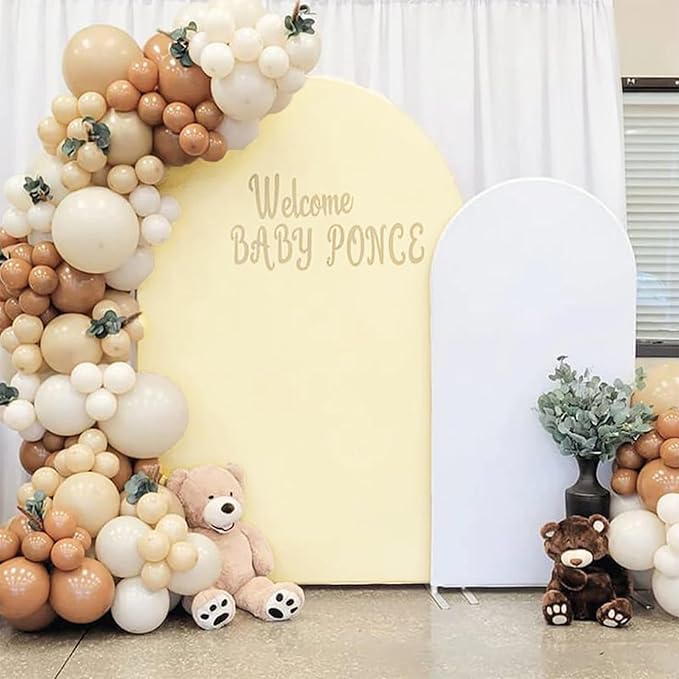 Set of 2 Spandex Fitted Arch Backdrop Cover Wedding Arch Cover Round Top Chiara Arch Backdrop Stand Covers for Birthday Party Baby Shower Wedding Arch Decor（6 FT White, 7.2 FT Beige）