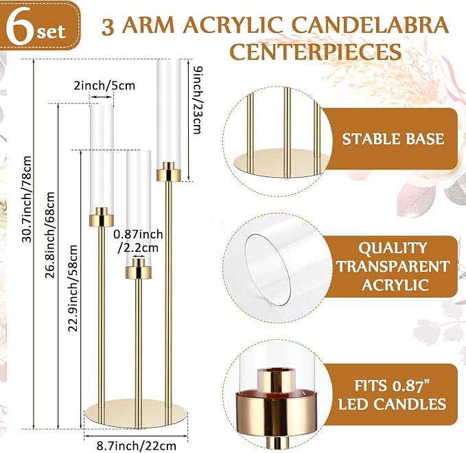 Layhit 6 Set Wedding Gold Candelabra Centerpieces for Tables, 3 Arm Tall Acrylic Candle Holder Centerpiece with Clear Shades for Reception, Party, Dining Decor, Anniversary, Fits 0.87" LED Candles