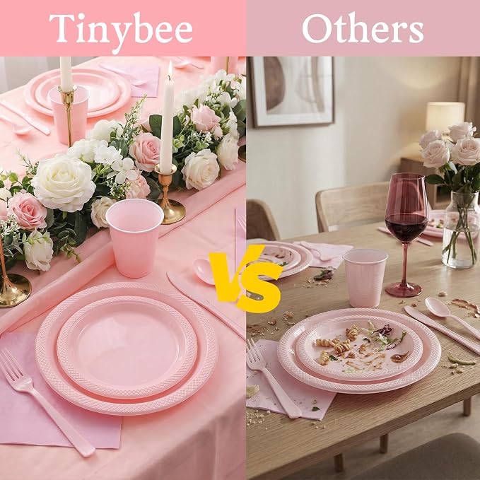 Tinybee 352 Pcs Pink Plastic Plates Party Set, 50 Guests Disposable Dinnerware Set with tablecloths Pink Disposable Plates Set for Wedding/Mother's Day/Birthday/Baby Shower