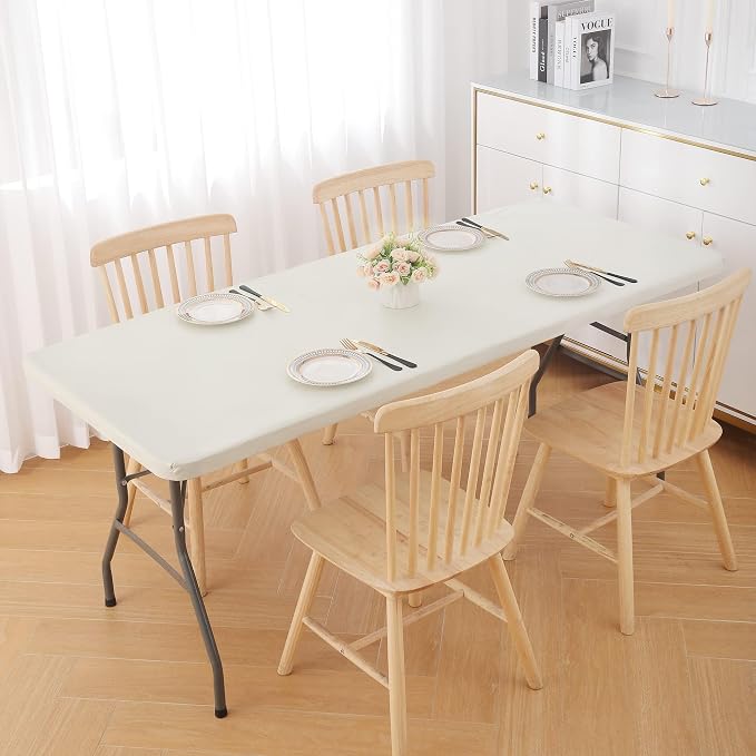 Smiry 3 Pack Rectangle Table Cloth, Elastic Fitted Flannel Backed Vinyl Tablecloths for 5ft Folding Tables, Waterproof Wipeable Table Covers for Indoor, Outdoor, Camping and Picnic (Beige, 36"x60")