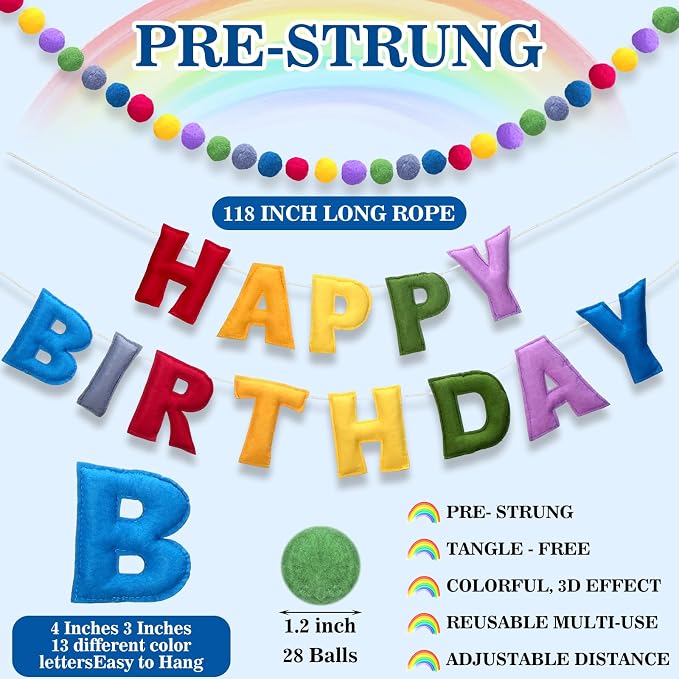 Mindsoft 2 Pcs 9.83ft Pre Strung 3D Happy Birthday Felt Fabric Banner with Ball Garland Reusable Pom Pom Garland for Birthday Party Decorations Sign Photo Prop Boys Girls(Retro Rainbow Color)
