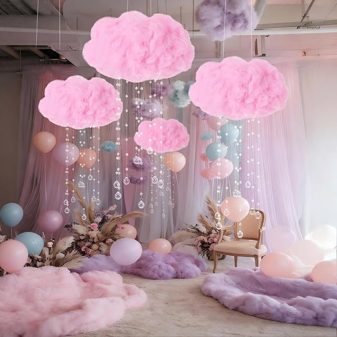 Marsui Artificial Cloud Props LED Hanging Pink Light String Fake Imitation 3D Cotton Cloud Classroom School Decor Raindrop for Room Ceiling Baby Shower Party Wedding Nursery Wall DIY Decor(4 Pcs)