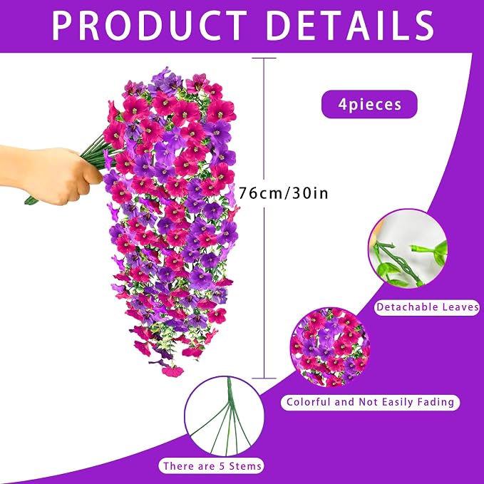 4PCS Artificial Hanging Flowers for Outdoors Summer Decoration, Upgrade UV Resistant Faux Silk Hanging Plants for Outside Home Planter Porch Patio Decor (Purple&Pink Rose)