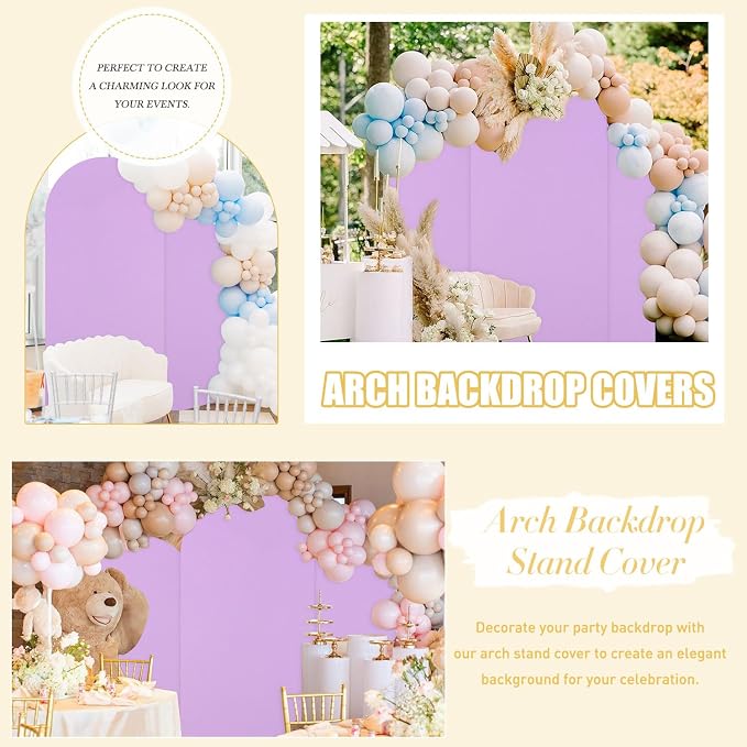 FUHSY Spandex Fitted Wedding Arch Cover Set of 3 Lavender Backdrop Arch Cover for Round Top Chiara Arch Backdrop Stands Cover Metal Arched Frame Covers for Birthday Party 6FT, 6.6FT, 7.2FT