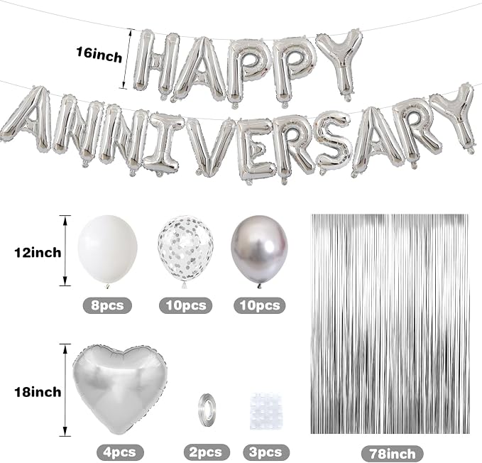Anniversary Decorations Silver,Happy Anniversary Balloon Banner with Heart Foil Balloons Fringe Curtain for Wedding Party Valentine's Day Romantic