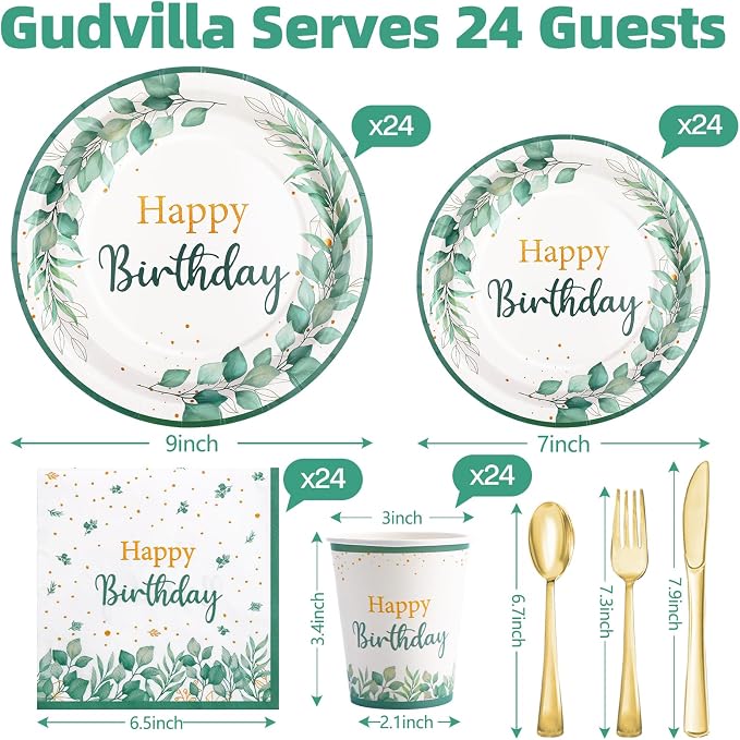 Sage Green Birthday Decorations for Women, Happy Birthday Plates and Napkins Set 168Pcs, for Boho Neutral Sage Green Decorations, Serve 24
