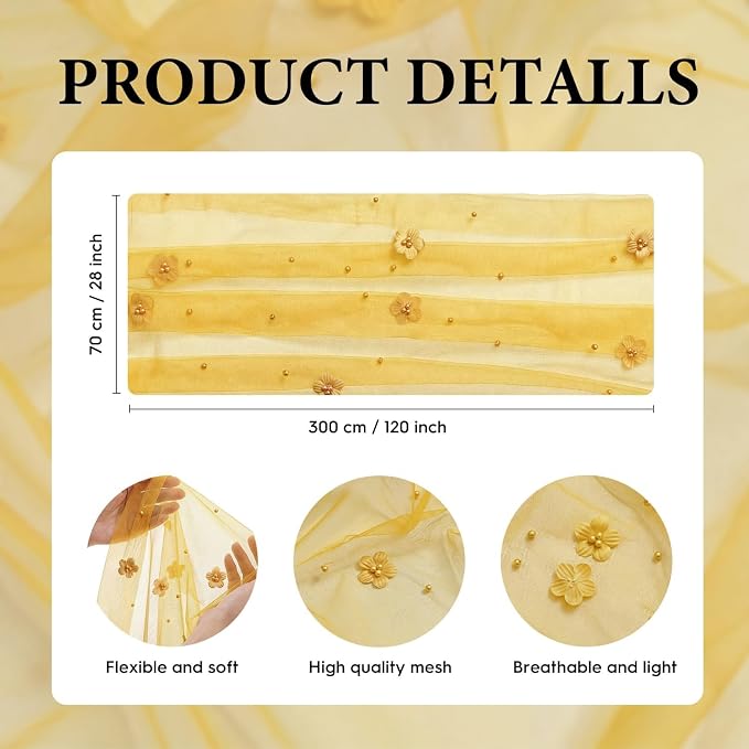 Artoid Mode Yellow Flower Pearl Yellow Gauze Table Runner 10FT, Seasonal Sheer Dining Holiday Wedding Birthday Baby Shower Table Decor for Home Party