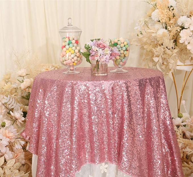 Poise3EHome Fuchsia Pink Sequin Tablecloth 50×50 Inch Square Sparkly Fabric Table Cover Overlay for Valentine Birthday Wedding Party Holiday Baby Shower Decoration