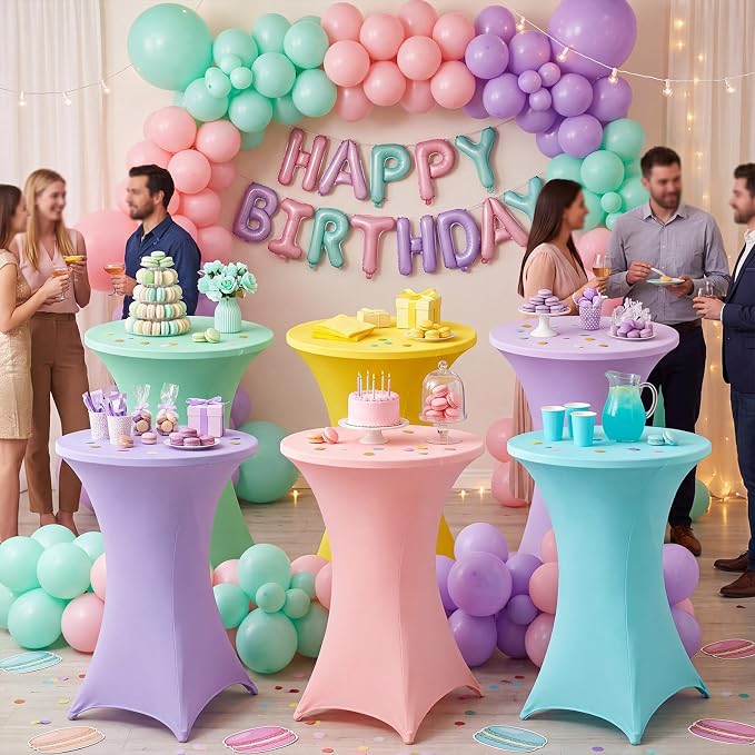 Mindsoft 6 Pcs 32x43 Pastel Stretch Cocktail Table Covers Spandex Tablecloth for Round Tables, High Top Table Cover Bridal Wedding Birthday Party Baby Shower Decoration Outdoor (Macaron Colors)