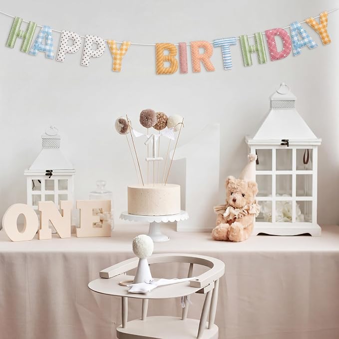 Mindsoft Felt Happy Birthday Garland Rainbow Banner Reusable Happy Birthday Sign Party Supply for Party Decor (Flower Color,Stripe)