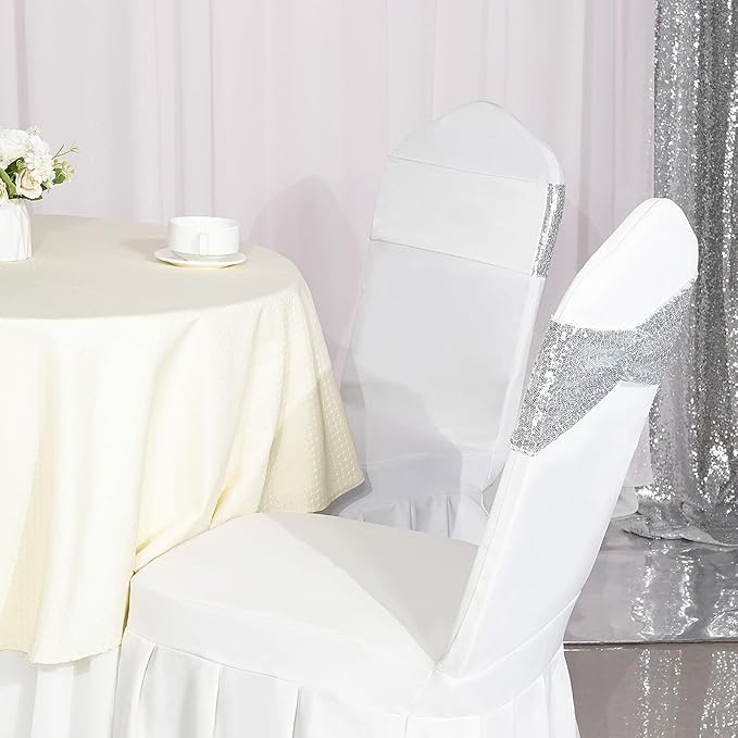 SquarePie Chair Sashes 100 Pack - Silver One-Sided Sequin Bows for Wedding Chairs, Stretch Spandex Bands for Party Fiesta Decor
