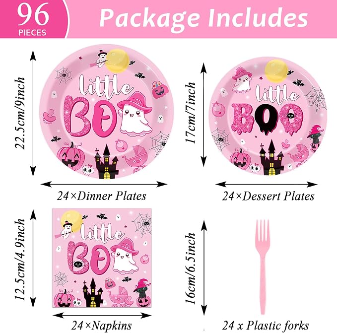 ZOIIWA 96PCS Halloween Little Boo Baby Shower Party Tableware Set for Girls Ghost Party Supplies for 24 Guests Disposable Pink and Black Boo Dinnerware Plates Napkins Forks for Halloween Party Favors