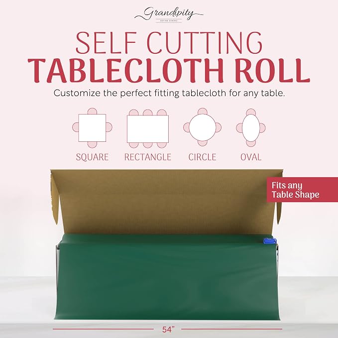 Grandipity Plastic Tablecloth Roll - 54in x 300 Ft. Dark Green Plastic Table Cloths for Parties Disposable with Cutter Box - Cut to Size Disposable Tablecloth Table Cover for Rectangle & Round
