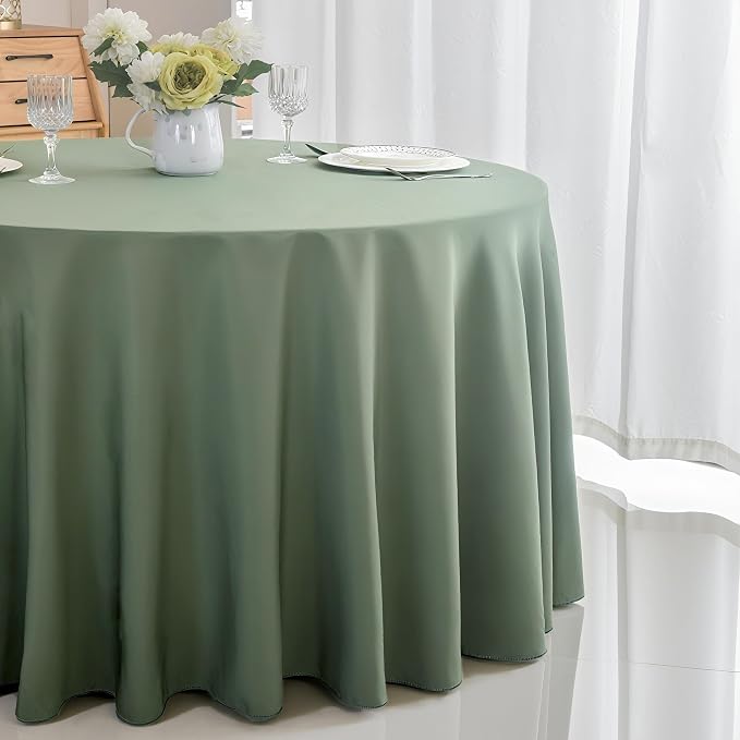 2-Pack Round 108-inch Sage Green Table Cloths, Solid Stain and Wrinkle Resistant Circular Tablecloth, Premium Plain Weave Polyester Fabric Table Linen Covers for Hotel, Banquet