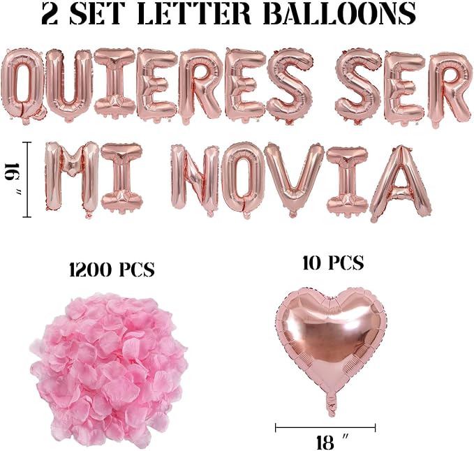 QUIERES SER MI NOVIA - 1200pcs Rose Gold Artificial Roses, 16" Letter Balloons, 18" Heart Balloons - Valentines Day Decorations