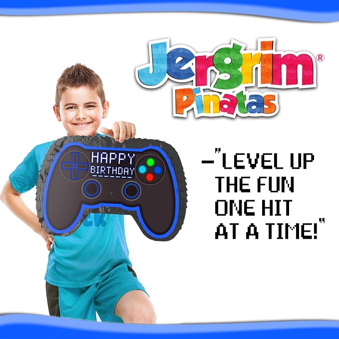 Jergrim Blue Video Game Controller Piñata (Small Stick Included) 17”x11”x 3” Perfect for Birthday Gamer Parties, Party Decor, Gaming theme parties and other Decorations