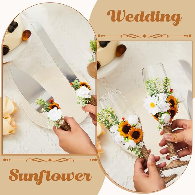 Irenare Rustic Wedding Cake Knife and Server Set with Champagne Glasses Cake Serving Set Rustic Bride and Groom Champagne Flutes Wedding Decorations Supplies(Sunflower Style)