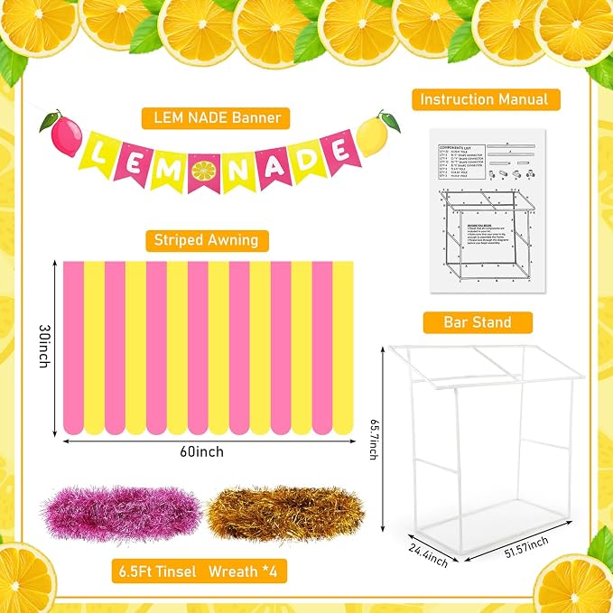 7 Pcs Lemonade Stand Supplies Lemonade Bar Party Decoration with 1 Set Plastic Stand 1 Yellow and Pink Striped Sunshade Cloth 4 Yellow and Pink Tinsel 1 Banner for Outdoors Summer Party Supplies