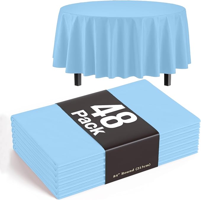 Party Solids Light Blue Round Tablecloths Plastic Table Cloth Disposable 48 Pack 84" Inch Round TableCloth Disposable Light Blue Tablecloths Plastic Tablecloth Indoor/Outdoor Tablecloth Party Supplies