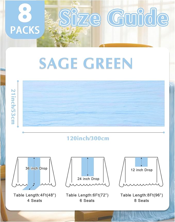 8 Pack Baby Blue Cheesecloth Table Runner 21x120 Inch Gauze Table Runners Reusable Polyester 10ft Boho Rustic Cheese Cloth Table Runner for Wedding Party Baby Shower