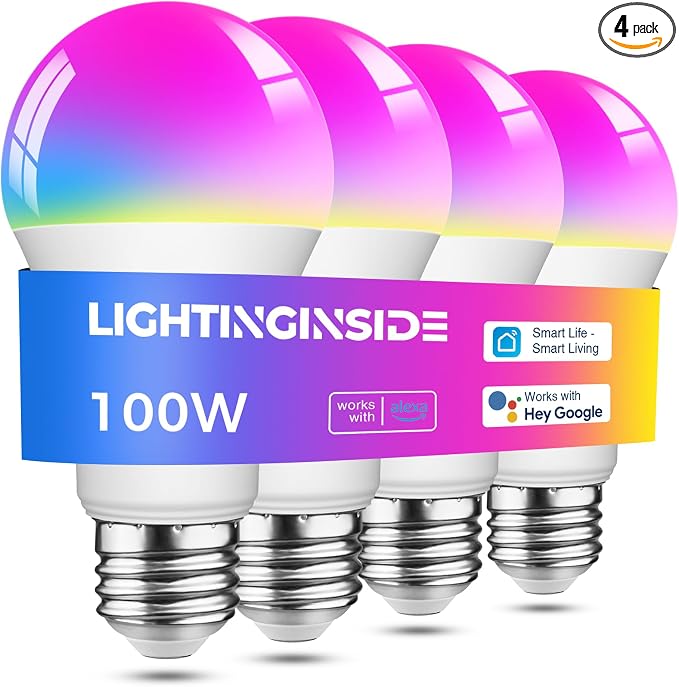 Lightinginside Smart Light Bulbs 100W Equiv., 1350LM 11W Smart Bulb Works with Alexa/Google Home/SmartLife, A19 E26 RGBCW Color Changing Bulbs, No Hub Required, 2.4G WiFi & BLE Bulb, ETL Listed, 4PCS