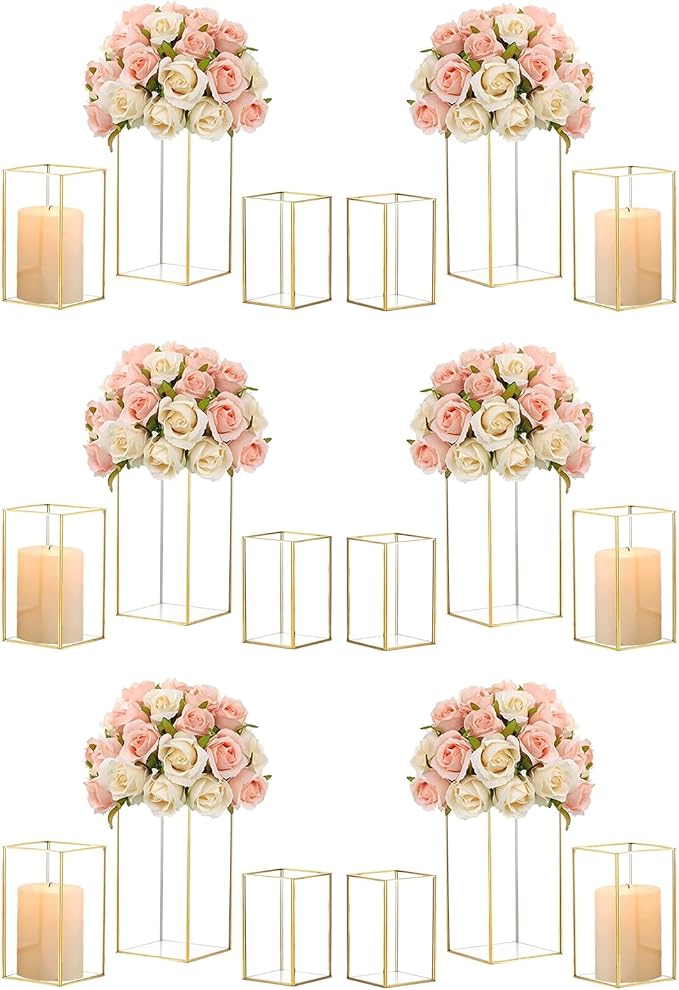 Hewory Glass Hurricane Candle Holder Set of 18, Gold Large Hurricane Centerpiece for Table, Tall Floor Square Pillar Candle Holders Lantern Set for Wedding, Anniversary, Party, Fireplace, Dining Room