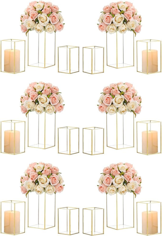 Hewory Glass Hurricane Candle Holder Set of 18, Gold Large Hurricane Centerpiece for Table, Tall Floor Square Pillar Candle Holders Lantern Set for Wedding, Anniversary, Party, Fireplace, Dining Room