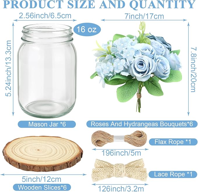 Set 6 Mason Jar Table Centerpiece - Wedding Centerpieces for Tables, Mason Jar Flower Centerpiece Vases Decor- Boho Farmhouse Rustic for Engagement, Bridal Shower, Wedding, Versatile Decor (Blue)