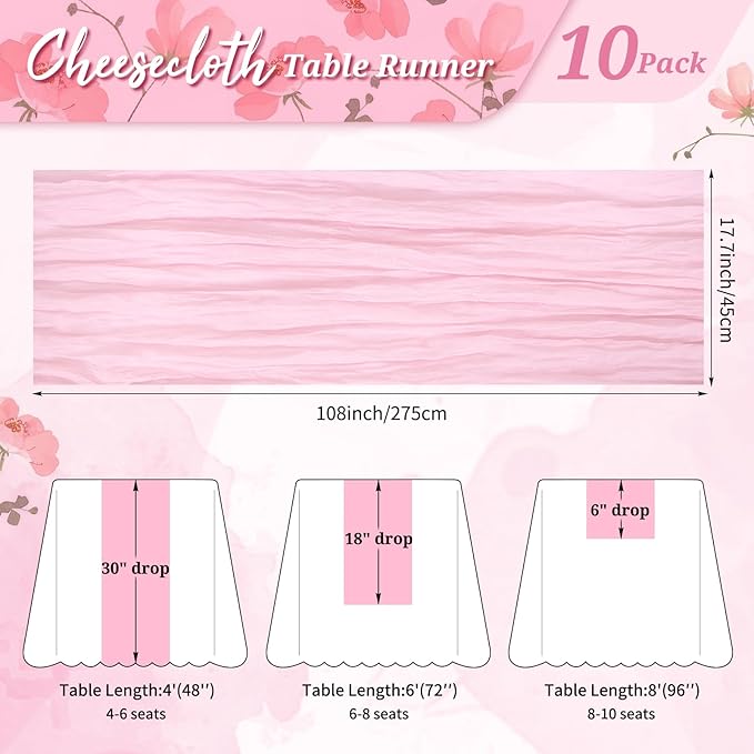 10 Pack Cheesecloth Table Runner Light Pink, Rustic Boho Gauze Fabric Table Runner Romantic Table Runner for Wedding, Festival, Birthday, Anniversary, Dinner and Outdoor Events (17.7 x 108 inch)