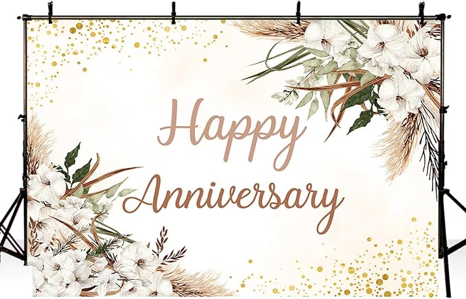 MEHOFOND Boho Happy Anniversary Backdrop White Floral Bohemia Pampas Grass Wedding Anniversary Party Decorations Memorial Portrait Photo Booth Background 7x5ft