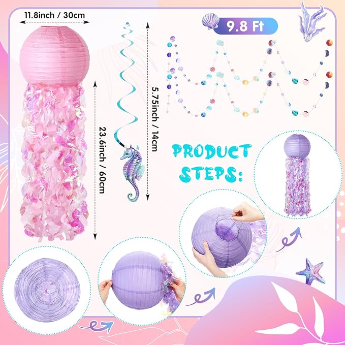 18 Pcs Mermaid Party Decorations Jellyfish Paper Lanterns Hanging Mermaid Garland Under The Sea Ocean Theme Party Supplies for Baby Shower Birthday Classroom Decoration