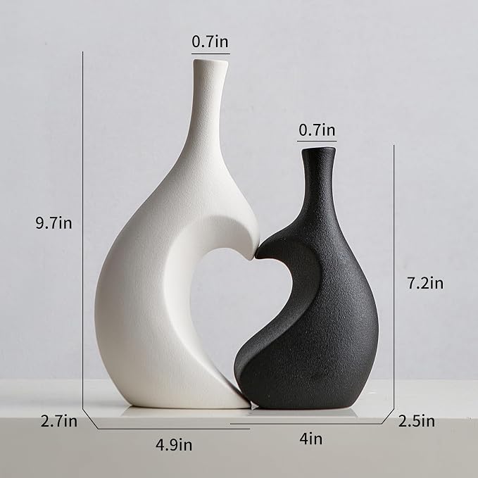 Unique Heart Shaped Vase: Set of 2 Black and White Heart Shaped Vase for Home Decor Minimalist Modern Decorative Vases for Living Room Dining Room Table Coffee Table Centerpiece Shelf Decoration