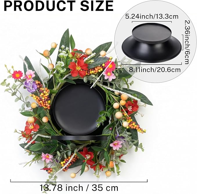 MOYEE Summer Centerpieces for Tables Candle Ring, Black Metal Candlestick with an Artificial Wreaths 14 in Versatile Dining Table Centerpiece Decor (Red Flower Green Leaf Wreath)