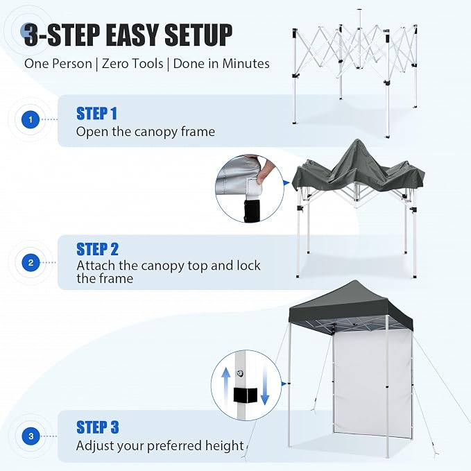 EAGLE PEAK Pop up Canopy 5x5, Outdoor Portable Canopy Tent with One Removable Sunwall, Carry Bag Included, Gray