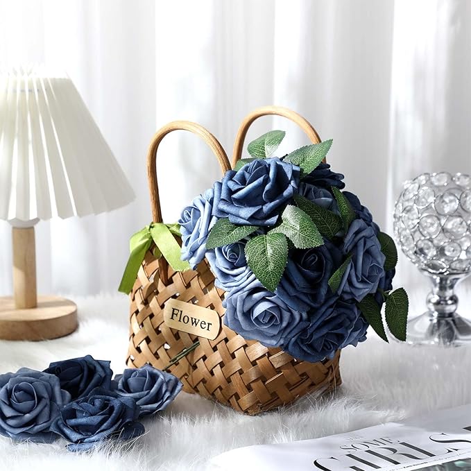 50 Pcs Artificial Foam Rose Flower Faux Bouquet Wedding Fake Rose Gift for Mother's Day Women DIY Bridal Shower Party Table Birthday Home Spring Decor (Dusty Blue Shades)