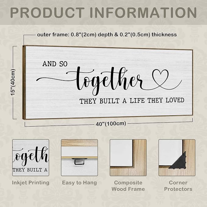 TLESKE And So Together They Built A Life They Loved Sign Large Wall Art Decor Framed 15x40, Above Bed Over Bed Canvas Wall Art Decor Print for Couples Bedroom, Rustic Bedroom Love Signs Wall Picture