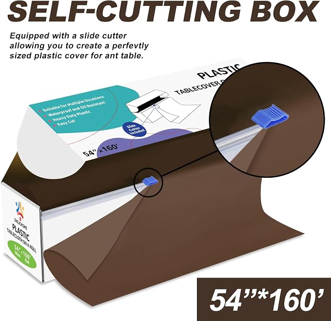 54IN X 160FT Plastic Table Cover Roll with Cutter Box, Cut to Size Plastic Table Cloths for Parties, Birthday, Disposable Tablecloth Roll for All Shape Tables (Brown, 54 Inch X 160 Feet)