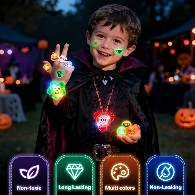 Halloween Party Favors for Kids,72 PCS Halloween Glow in the Dark Toys Bulk with Spin Necklace,Light Up Rings,Spin Bracelets,Halloween Goodie Bag Fillers Basket Stuffers Gift for Kids Trick or Treats