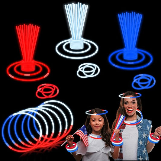 Wondrus Bulk Parade Throws Light up Party Favors Supplies 360 PCS, Red White Blue Glow Sticks Toys Gifts, Neon Bracelets Necklaces Accessories for Kids Adults, Holiday Gift Treat Goodie Bag Stuffers